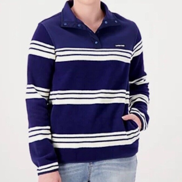 Land’s End Heritage Fleece Snap Neck Pullover Sz S Navy/Ivory Striped. NWT - Picture 1 of 13